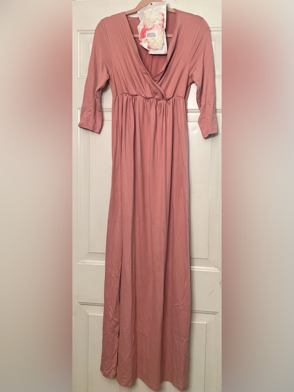 🌸 KIM S Maternity Maxi Dress-Flower Sash-Wrapped Ruched VNeck-Baby Shower Dress - Picture 5 of 6